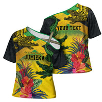 Personalized Jamaica Crocodile Cross Shoulder Shirt Tropical Flowers Grunge Flag - Wonder Print Shop