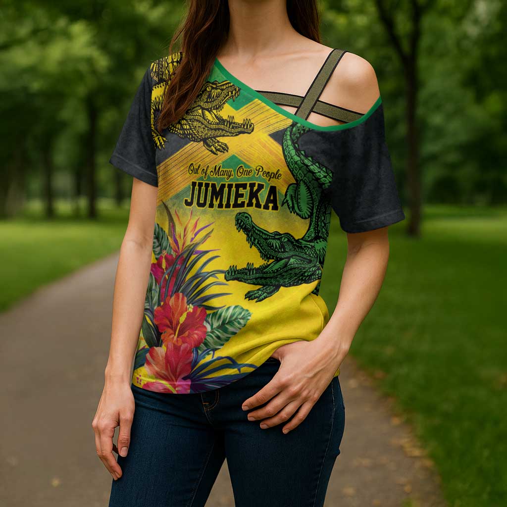 Personalized Jamaica Crocodile Cross Shoulder Shirt Tropical Flowers Grunge Flag - Wonder Print Shop