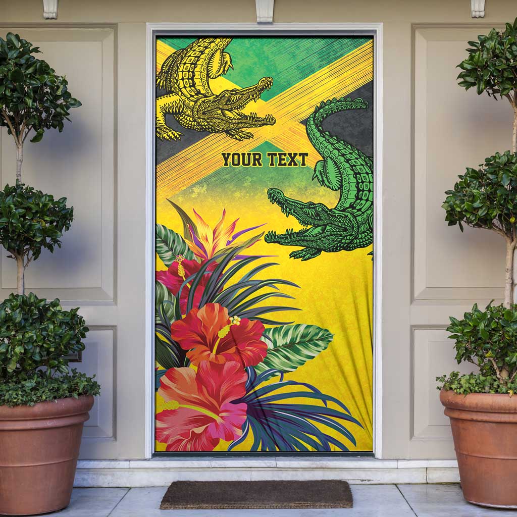 Personalized Jamaica Crocodile Door Cover Tropical Flowers Grunge Flag - Wonder Print Shop