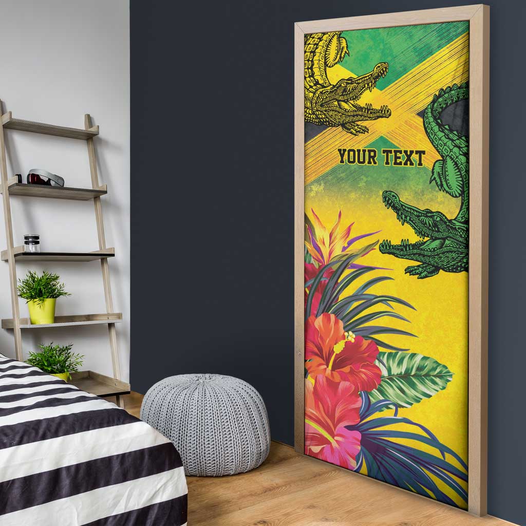 Personalized Jamaica Crocodile Door Cover Tropical Flowers Grunge Flag - Wonder Print Shop