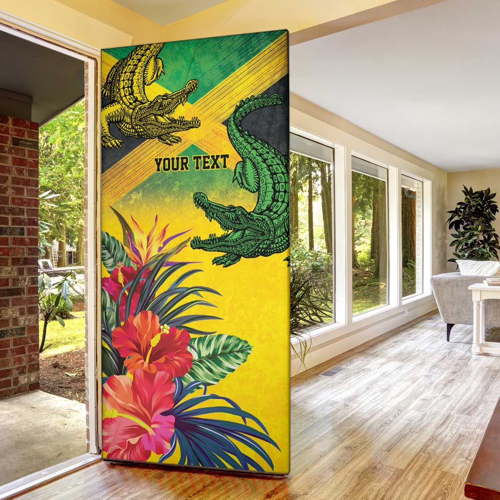 Personalized Jamaica Crocodile Door Cover Tropical Flowers Grunge Flag - Wonder Print Shop