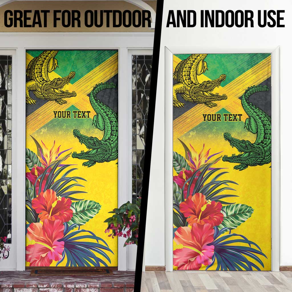 Personalized Jamaica Crocodile Door Cover Tropical Flowers Grunge Flag - Wonder Print Shop