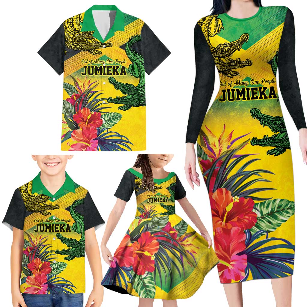 Personalized Jamaica Crocodile Family Matching Long Sleeve Bodycon Dress and Hawaiian Shirt Tropical Flowers Grunge Flag - Wonder Print Shop