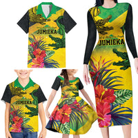 Personalized Jamaica Crocodile Family Matching Long Sleeve Bodycon Dress and Hawaiian Shirt Tropical Flowers Grunge Flag - Wonder Print Shop