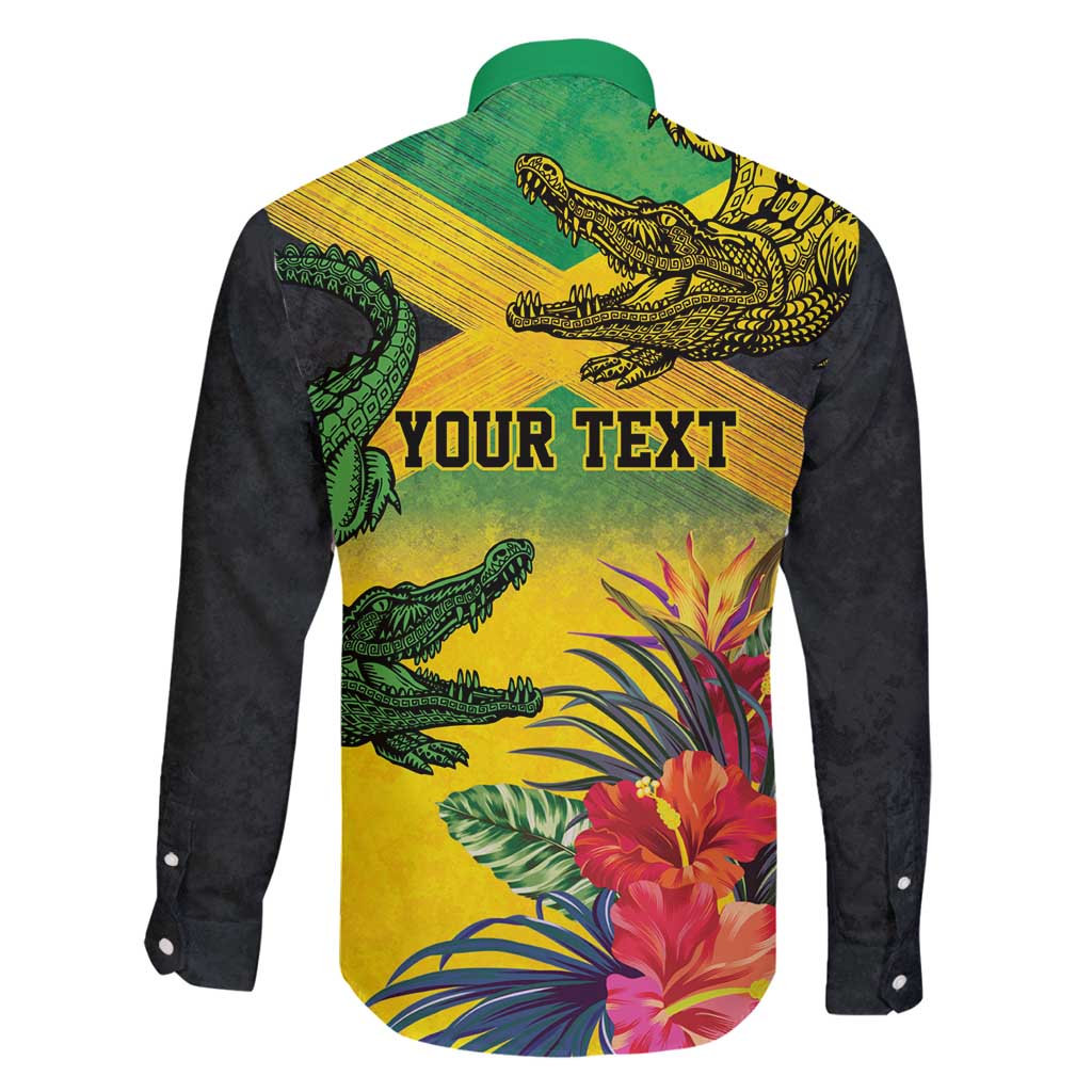 Personalized Jamaica Crocodile Family Matching Long Sleeve Bodycon Dress and Hawaiian Shirt Tropical Flowers Grunge Flag - Wonder Print Shop