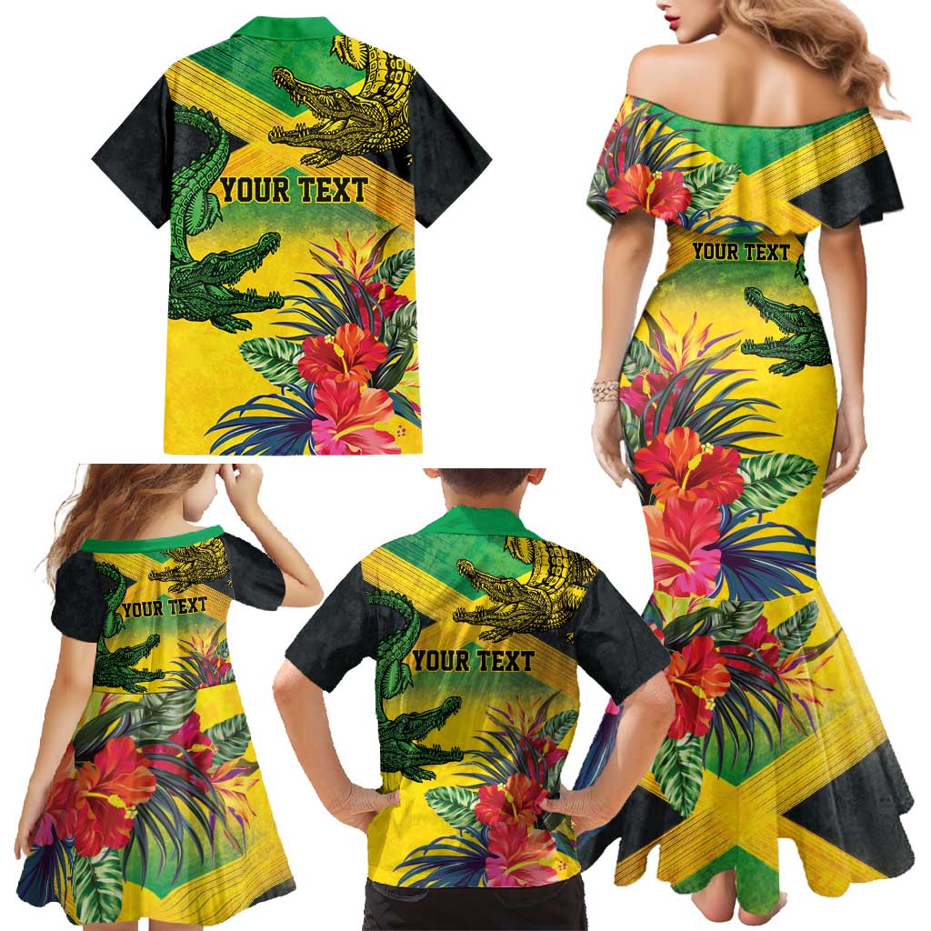 Personalized Jamaica Crocodile Family Matching Mermaid Dress and Hawaiian Shirt Tropical Flowers Grunge Flag - Wonder Print Shop