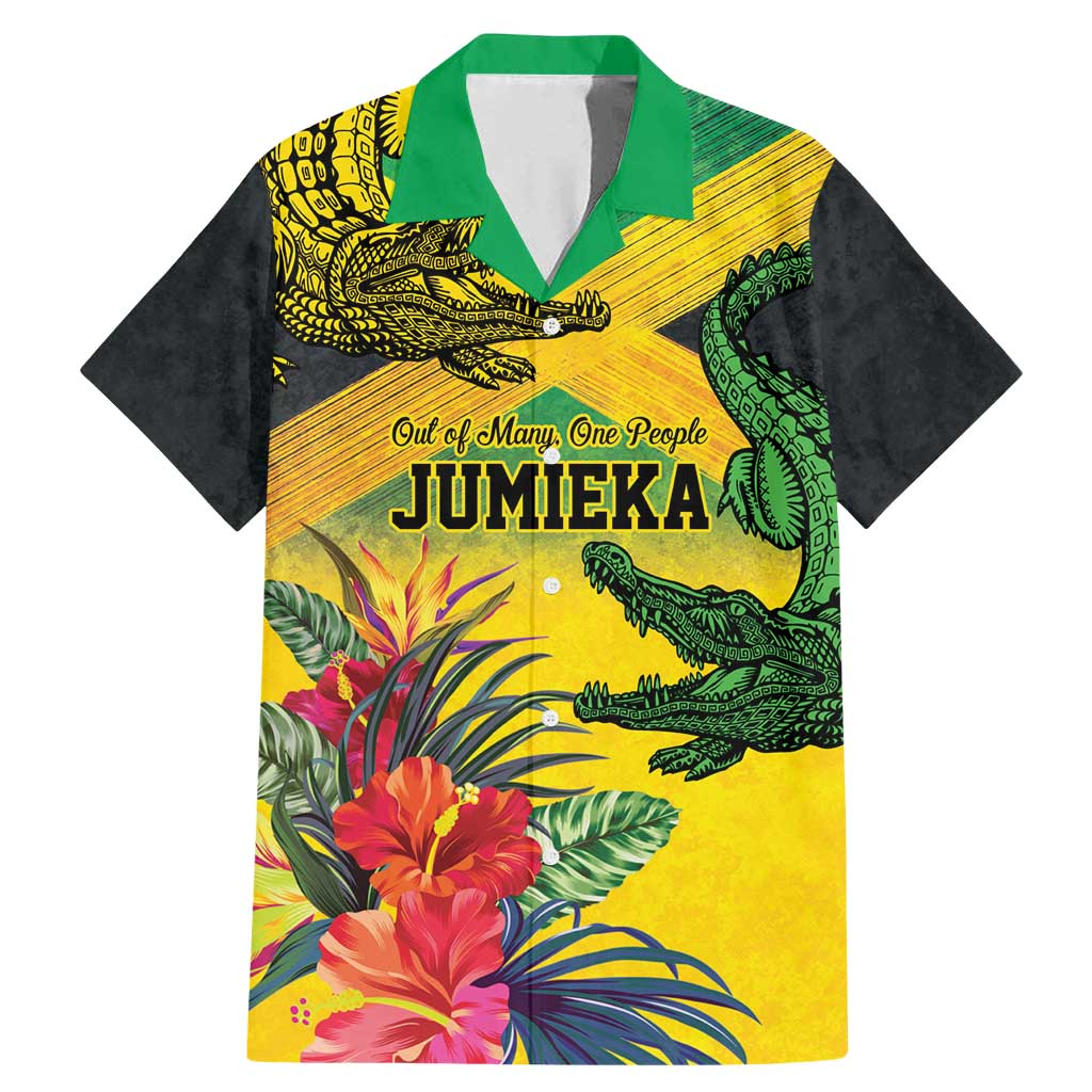 Personalized Jamaica Crocodile Family Matching Mermaid Dress and Hawaiian Shirt Tropical Flowers Grunge Flag - Wonder Print Shop
