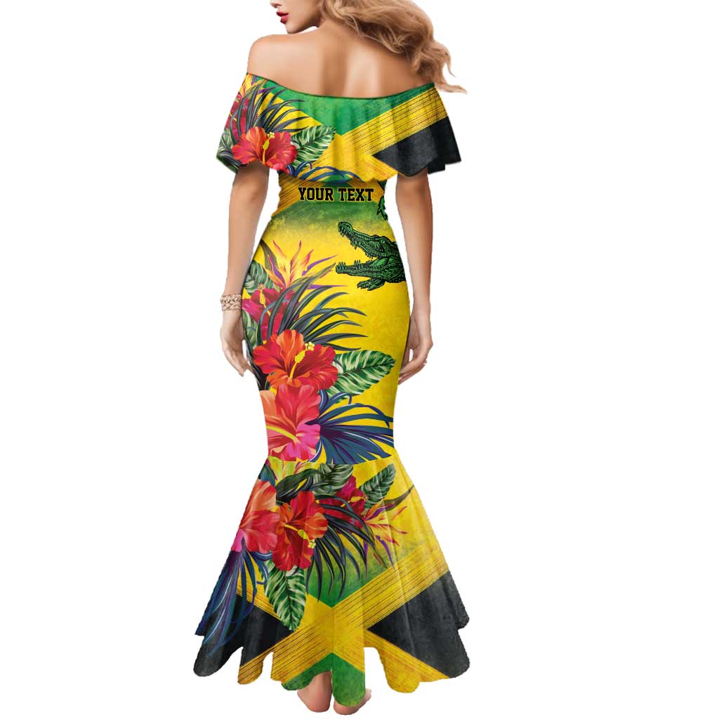 Personalized Jamaica Crocodile Family Matching Mermaid Dress and Hawaiian Shirt Tropical Flowers Grunge Flag - Wonder Print Shop