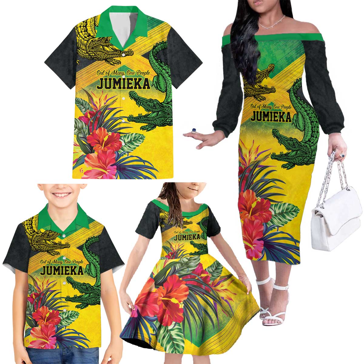 Personalized Jamaica Crocodile Family Matching Off The Shoulder Long Sleeve Dress and Hawaiian Shirt Tropical Flowers Grunge Flag - Wonder Print Shop