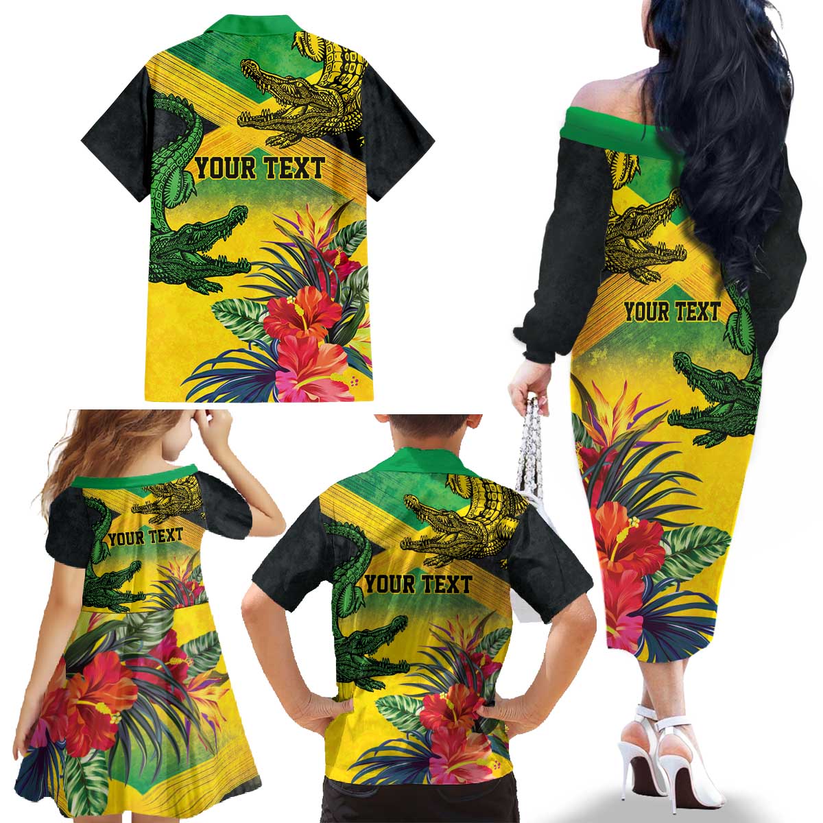 Personalized Jamaica Crocodile Family Matching Off The Shoulder Long Sleeve Dress and Hawaiian Shirt Tropical Flowers Grunge Flag - Wonder Print Shop