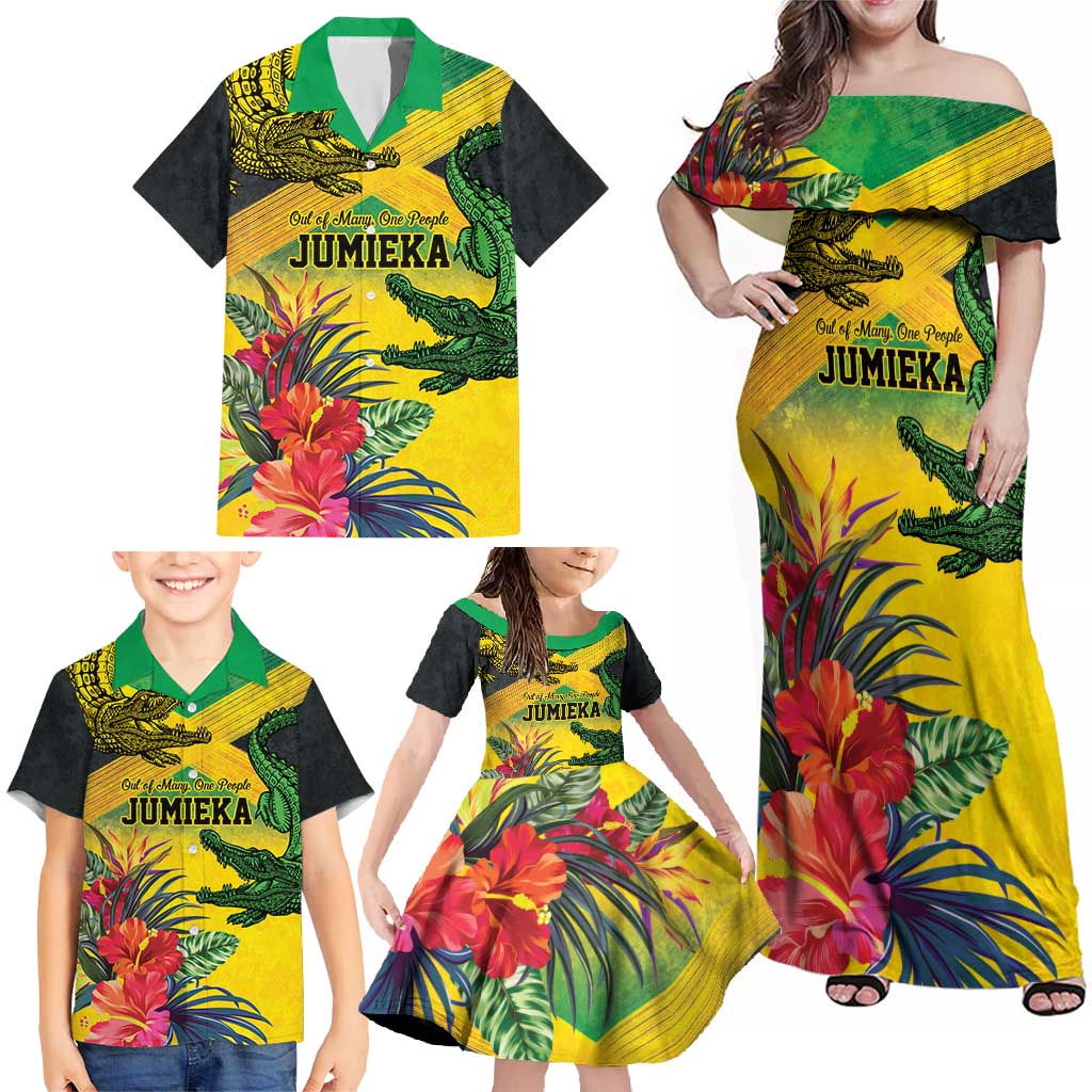Personalized Jamaica Crocodile Family Matching Off Shoulder Maxi Dress and Hawaiian Shirt Tropical Flowers Grunge Flag - Wonder Print Shop