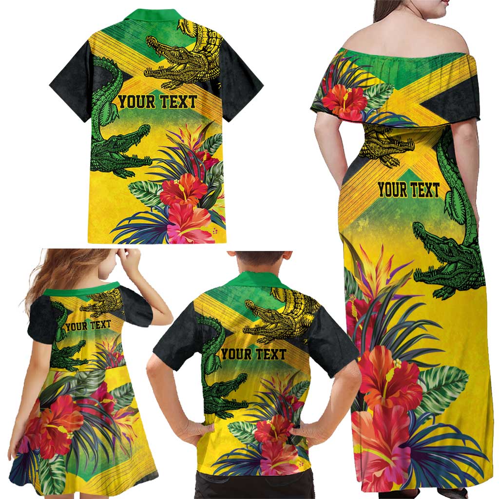 Personalized Jamaica Crocodile Family Matching Off Shoulder Maxi Dress and Hawaiian Shirt Tropical Flowers Grunge Flag - Wonder Print Shop