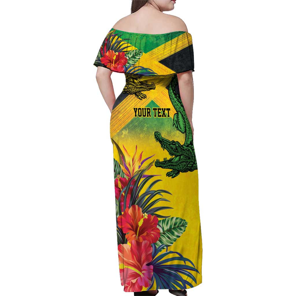Personalized Jamaica Crocodile Family Matching Off Shoulder Maxi Dress and Hawaiian Shirt Tropical Flowers Grunge Flag - Wonder Print Shop