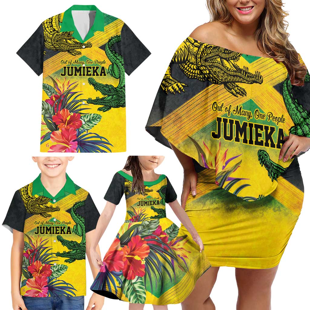 Personalized Jamaica Crocodile Family Matching Off Shoulder Short Dress and Hawaiian Shirt Tropical Flowers Grunge Flag - Wonder Print Shop