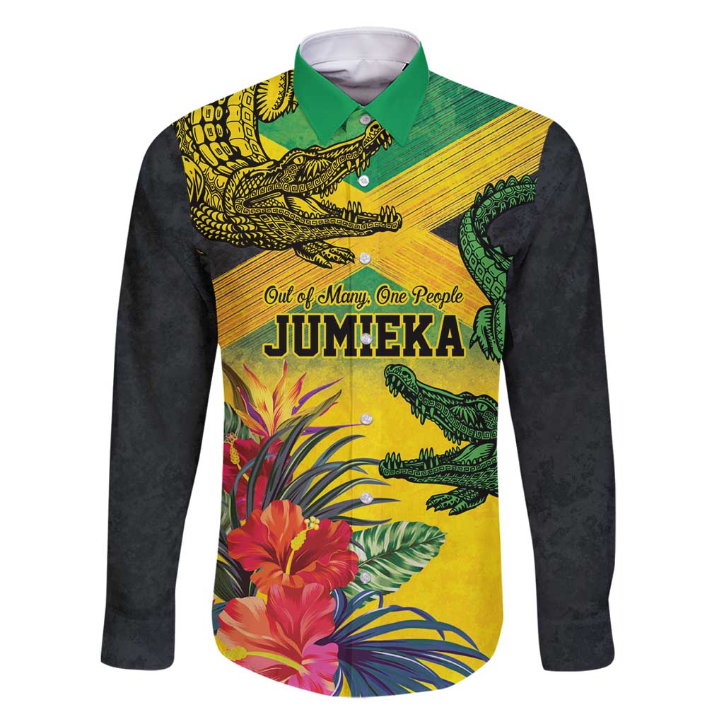 Personalized Jamaica Crocodile Family Matching Off Shoulder Short Dress and Hawaiian Shirt Tropical Flowers Grunge Flag - Wonder Print Shop