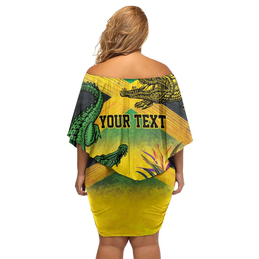 Personalized Jamaica Crocodile Family Matching Off Shoulder Short Dress and Hawaiian Shirt Tropical Flowers Grunge Flag - Wonder Print Shop