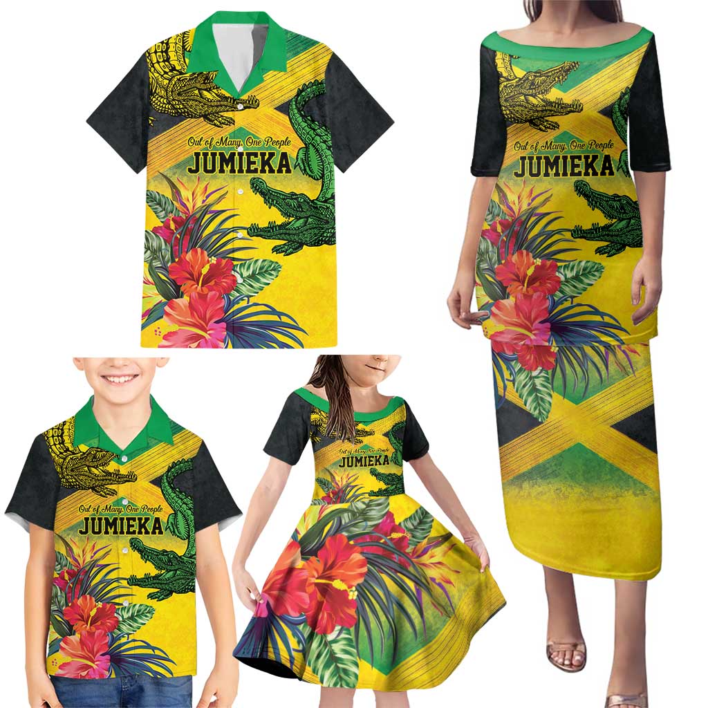 Personalized Jamaica Crocodile Family Matching Puletasi and Hawaiian Shirt Tropical Flowers Grunge Flag - Wonder Print Shop