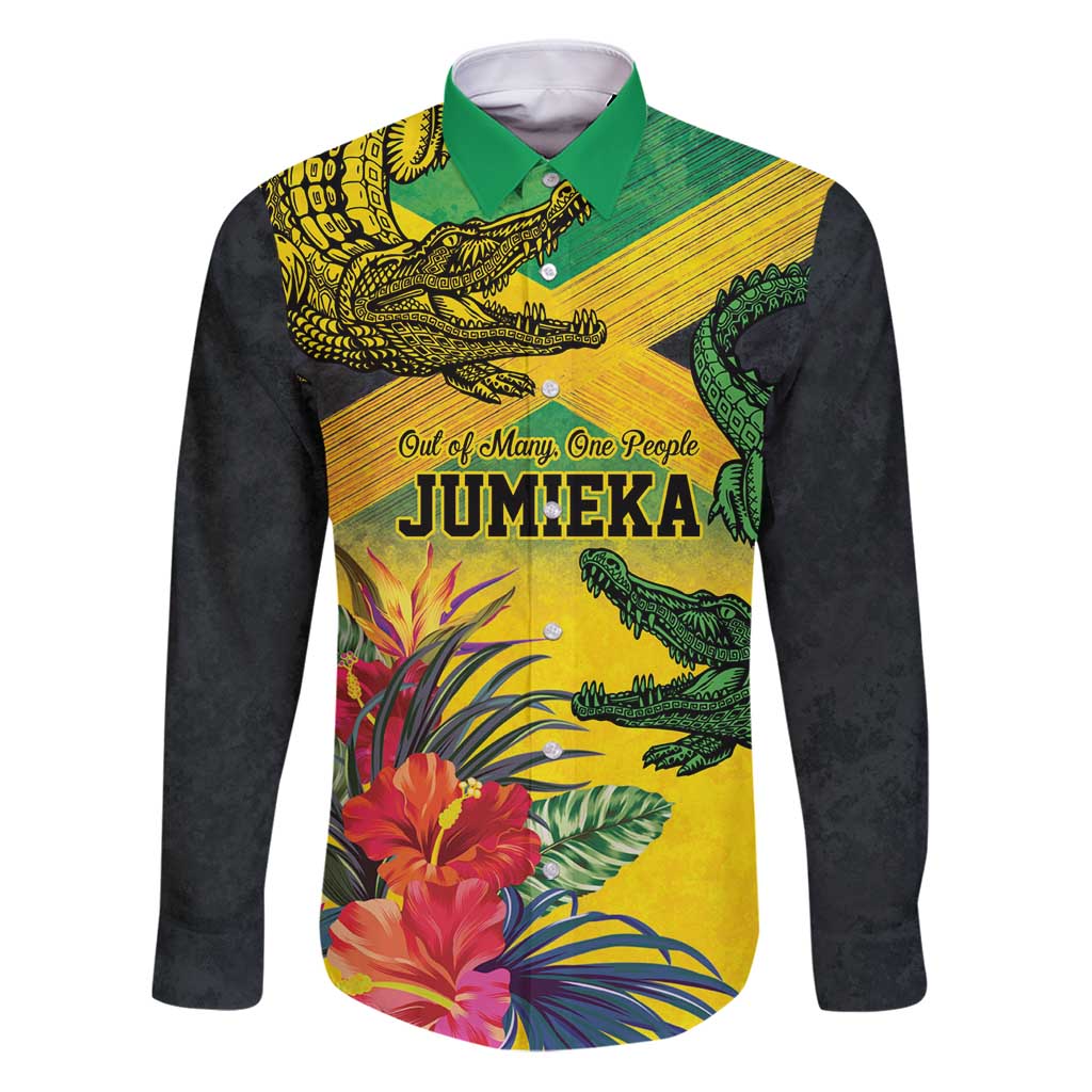 Personalized Jamaica Crocodile Family Matching Puletasi and Hawaiian Shirt Tropical Flowers Grunge Flag - Wonder Print Shop