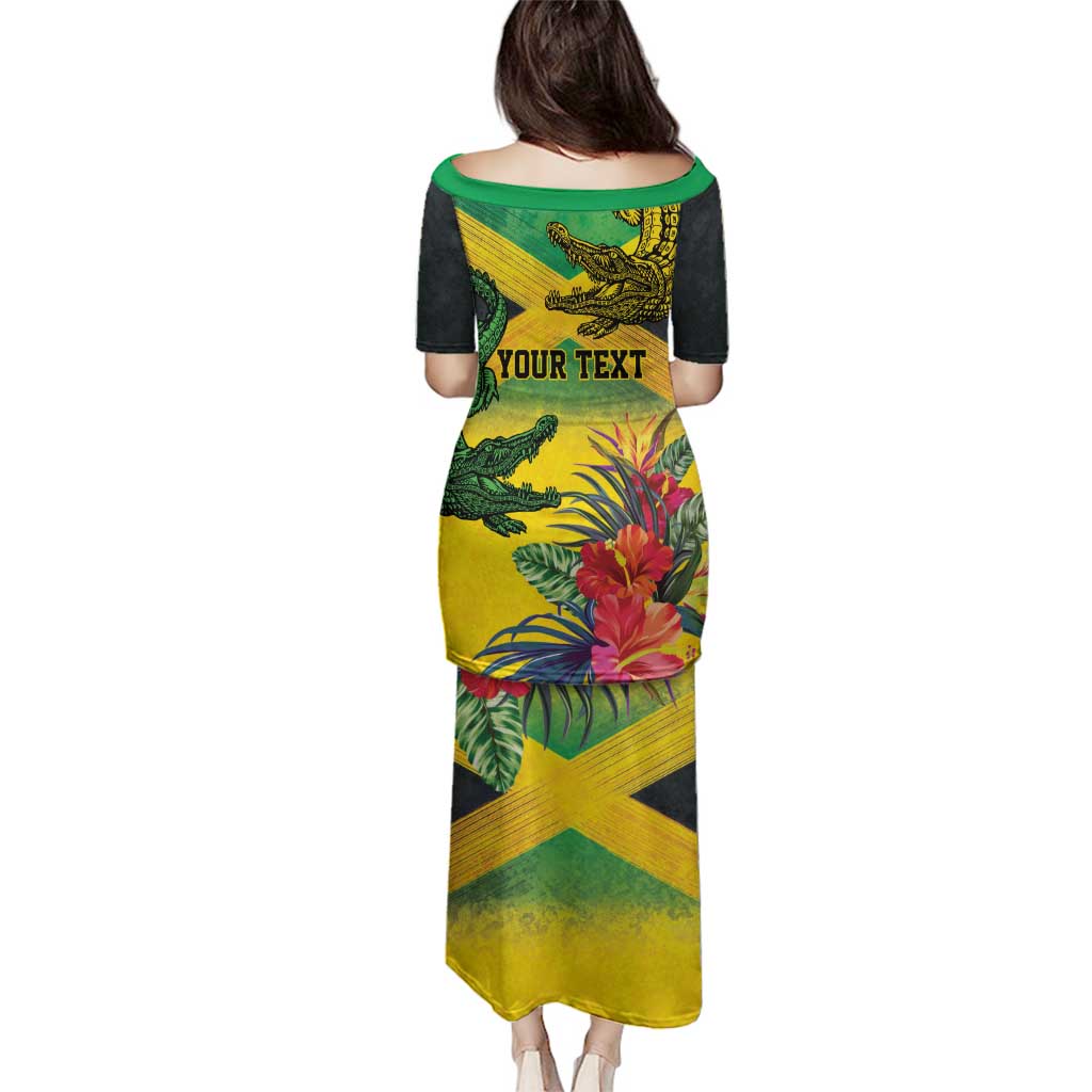 Personalized Jamaica Crocodile Family Matching Puletasi and Hawaiian Shirt Tropical Flowers Grunge Flag - Wonder Print Shop