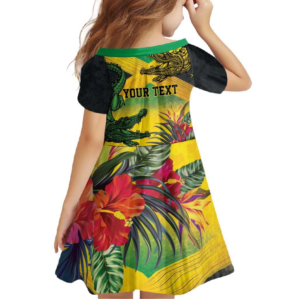 Personalized Jamaica Crocodile Family Matching Short Sleeve Bodycon Dress and Hawaiian Shirt Tropical Flowers Grunge Flag - Wonder Print Shop
