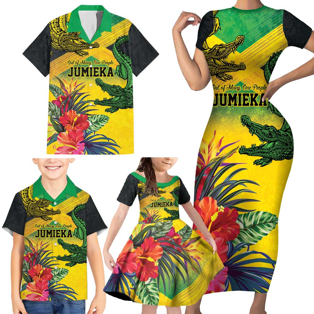 Personalized Jamaica Crocodile Family Matching Short Sleeve Bodycon Dress and Hawaiian Shirt Tropical Flowers Grunge Flag - Wonder Print Shop