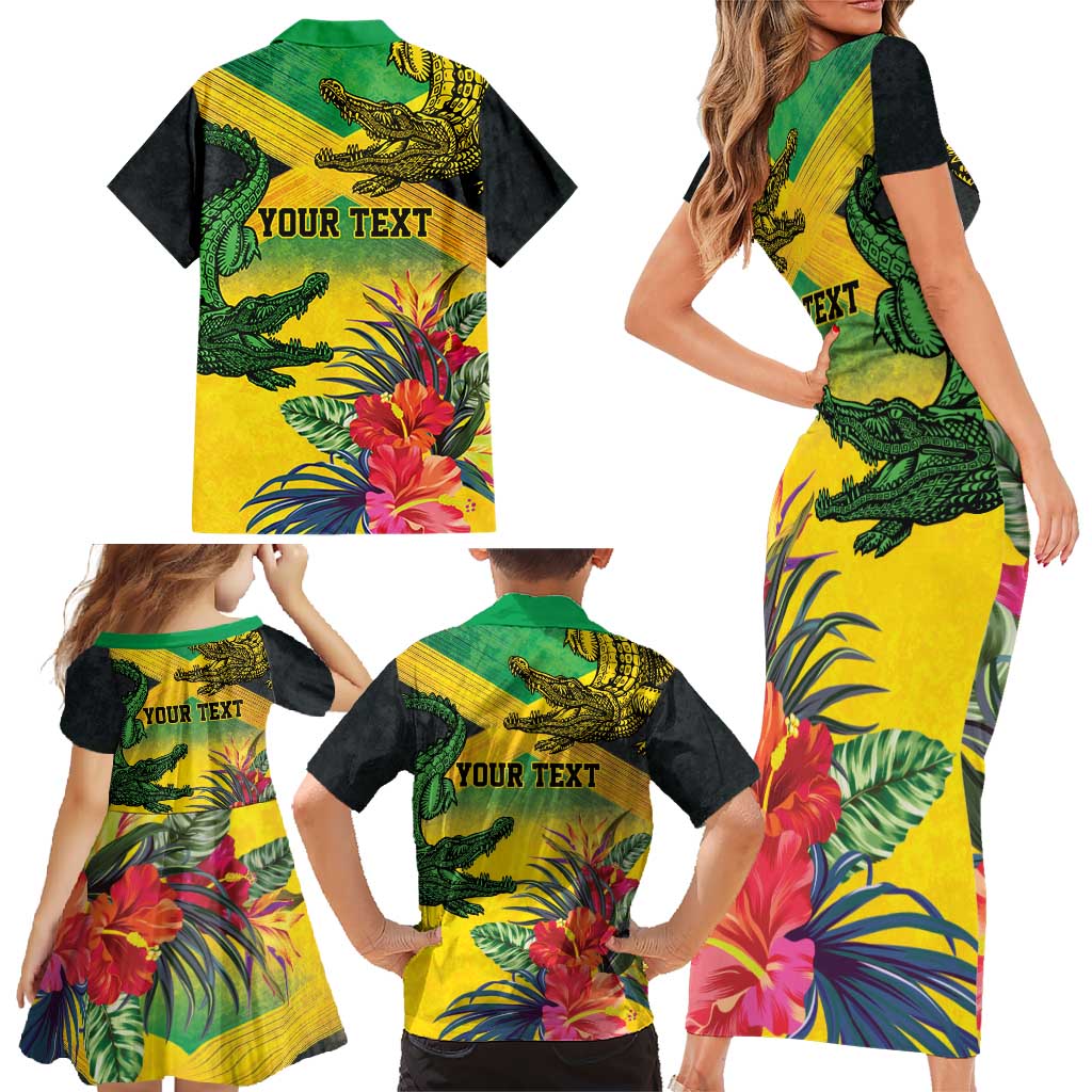 Personalized Jamaica Crocodile Family Matching Short Sleeve Bodycon Dress and Hawaiian Shirt Tropical Flowers Grunge Flag - Wonder Print Shop