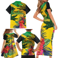 Personalized Jamaica Crocodile Family Matching Short Sleeve Bodycon Dress and Hawaiian Shirt Tropical Flowers Grunge Flag - Wonder Print Shop