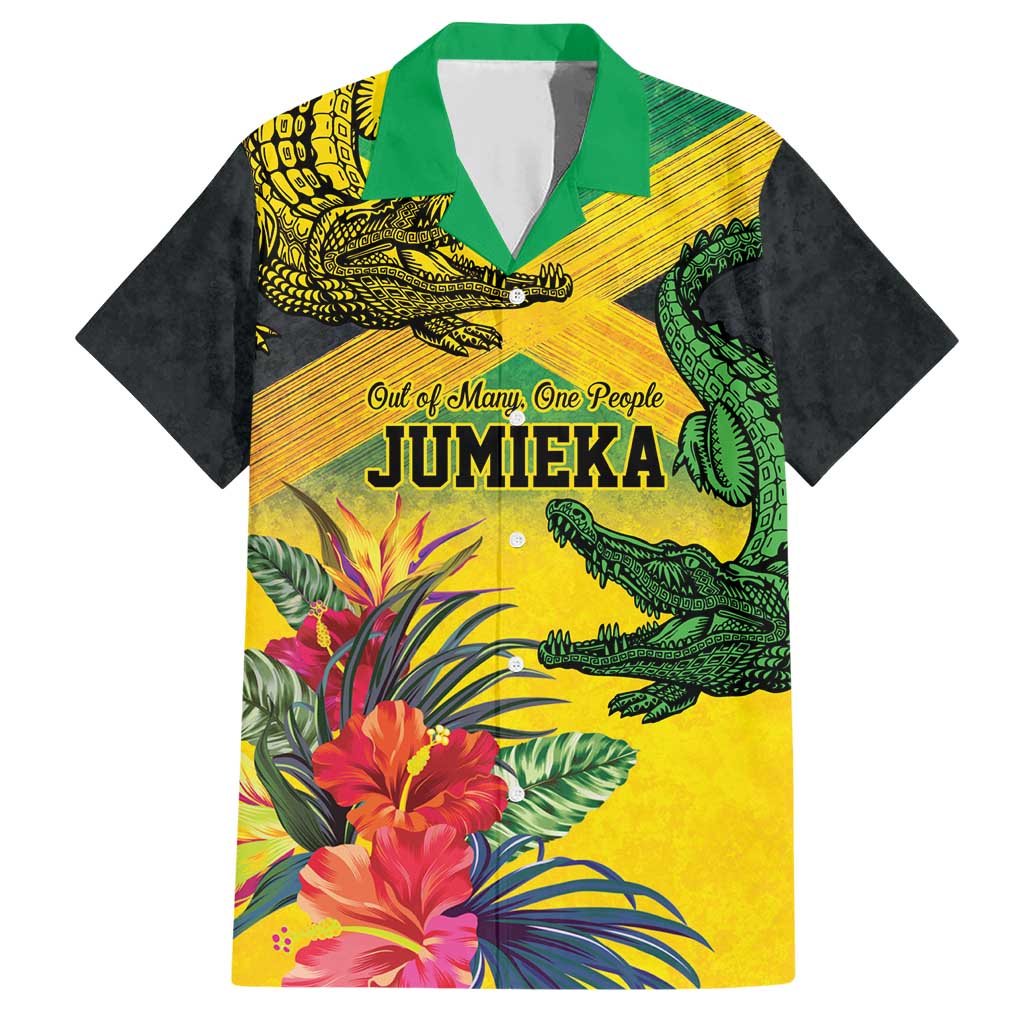 Personalized Jamaica Crocodile Family Matching Short Sleeve Bodycon Dress and Hawaiian Shirt Tropical Flowers Grunge Flag - Wonder Print Shop