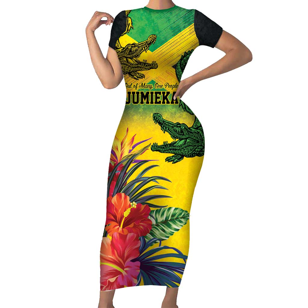 Personalized Jamaica Crocodile Family Matching Short Sleeve Bodycon Dress and Hawaiian Shirt Tropical Flowers Grunge Flag - Wonder Print Shop