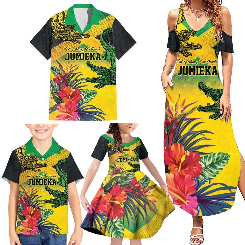 Personalized Jamaica Crocodile Family Matching Summer Maxi Dress and Hawaiian Shirt Tropical Flowers Grunge Flag - Wonder Print Shop