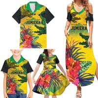Personalized Jamaica Crocodile Family Matching Summer Maxi Dress and Hawaiian Shirt Tropical Flowers Grunge Flag - Wonder Print Shop