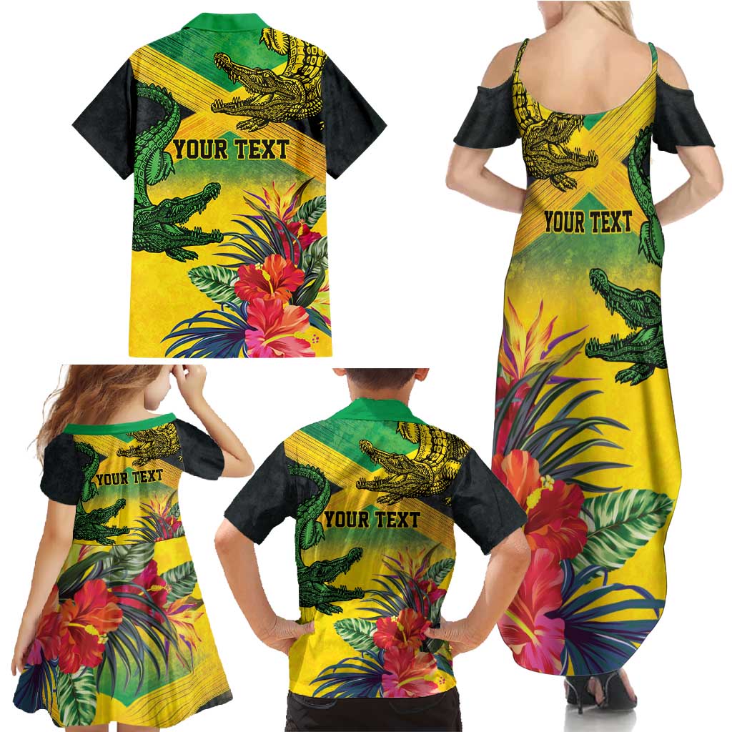 Personalized Jamaica Crocodile Family Matching Summer Maxi Dress and Hawaiian Shirt Tropical Flowers Grunge Flag - Wonder Print Shop