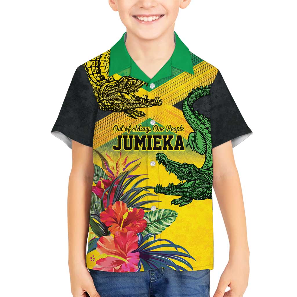 Personalized Jamaica Crocodile Family Matching Summer Maxi Dress and Hawaiian Shirt Tropical Flowers Grunge Flag - Wonder Print Shop