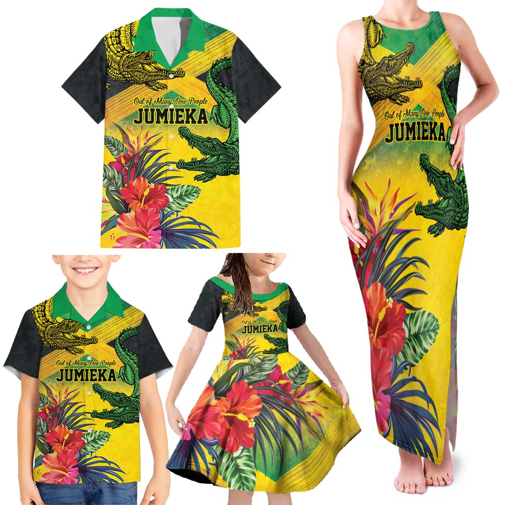 Personalized Jamaica Crocodile Family Matching Tank Maxi Dress and Hawaiian Shirt Tropical Flowers Grunge Flag - Wonder Print Shop