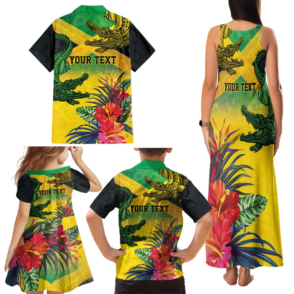 Personalized Jamaica Crocodile Family Matching Tank Maxi Dress and Hawaiian Shirt Tropical Flowers Grunge Flag - Wonder Print Shop