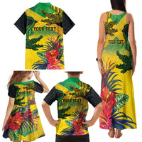 Personalized Jamaica Crocodile Family Matching Tank Maxi Dress and Hawaiian Shirt Tropical Flowers Grunge Flag - Wonder Print Shop