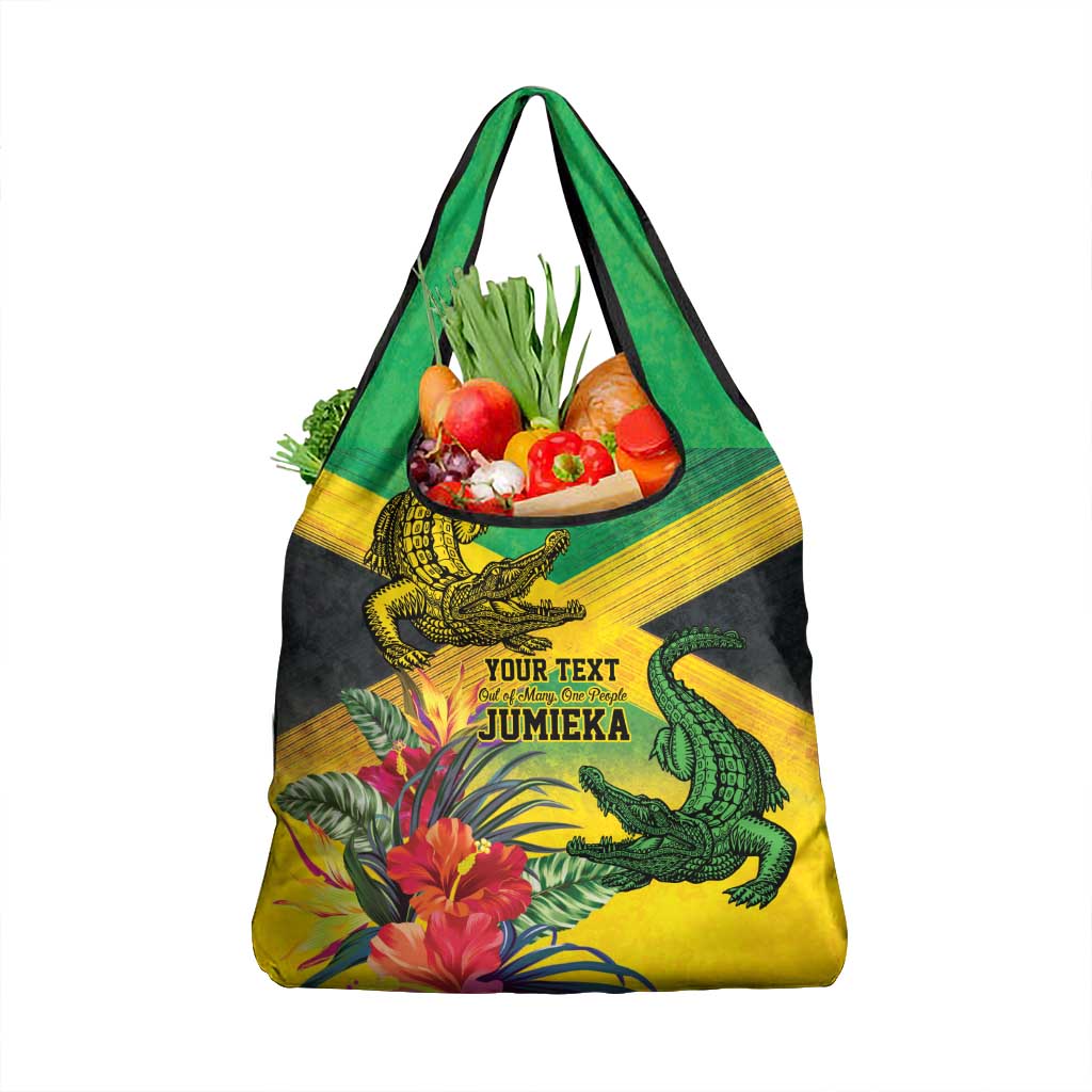 Personalized Jamaica Crocodile Grocery Bag Tropical Flowers Grunge Flag - Wonder Print Shop