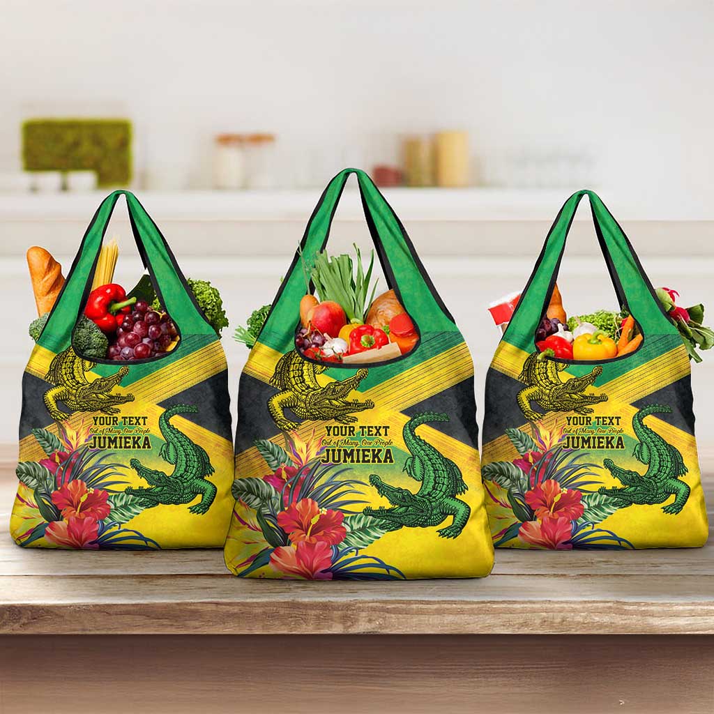 Personalized Jamaica Crocodile Grocery Bag Tropical Flowers Grunge Flag - Wonder Print Shop