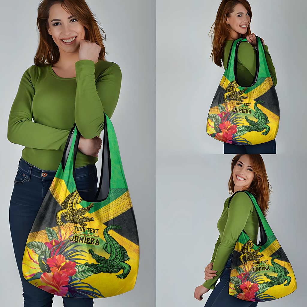 Personalized Jamaica Crocodile Grocery Bag Tropical Flowers Grunge Flag - Wonder Print Shop