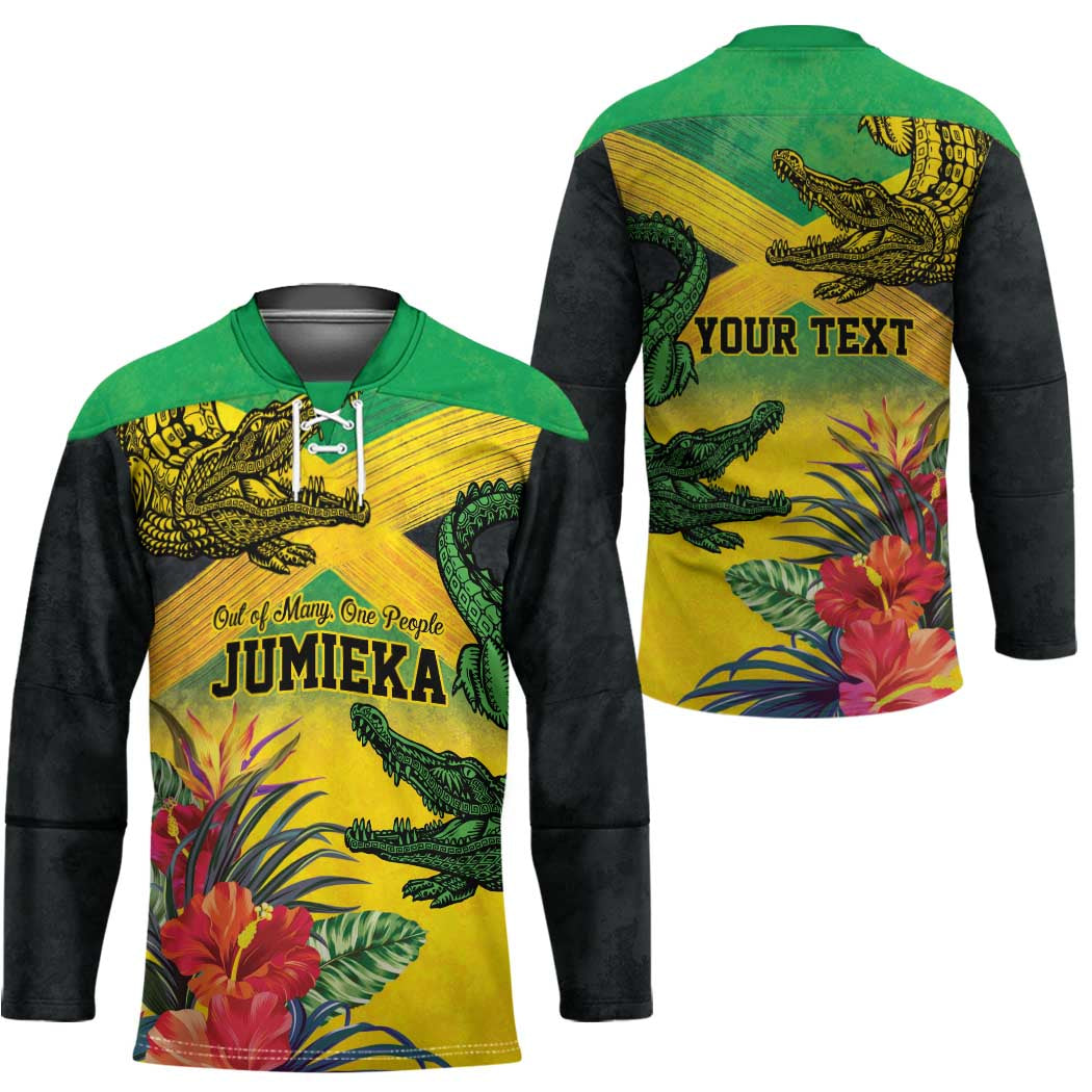 Personalized Jamaica Crocodile Hockey Jersey Tropical Flowers Grunge Flag - Wonder Print Shop