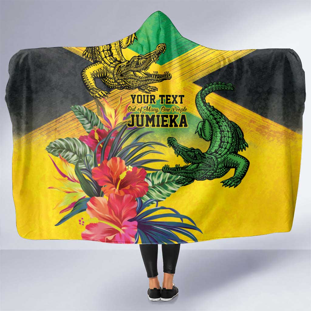 Personalized Jamaica Crocodile Hooded Blanket Tropical Flowers Grunge Flag - Wonder Print Shop