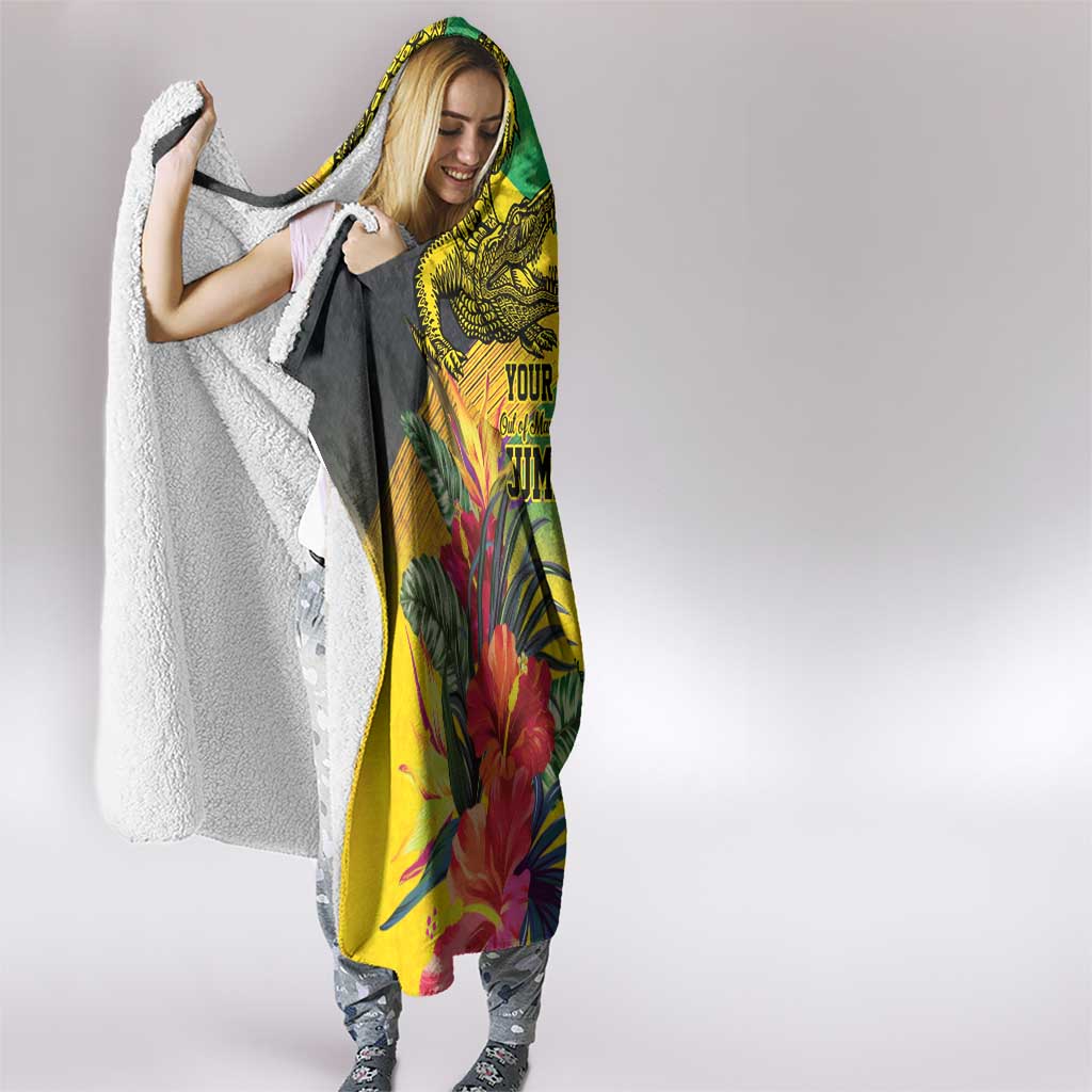 Personalized Jamaica Crocodile Hooded Blanket Tropical Flowers Grunge Flag - Wonder Print Shop