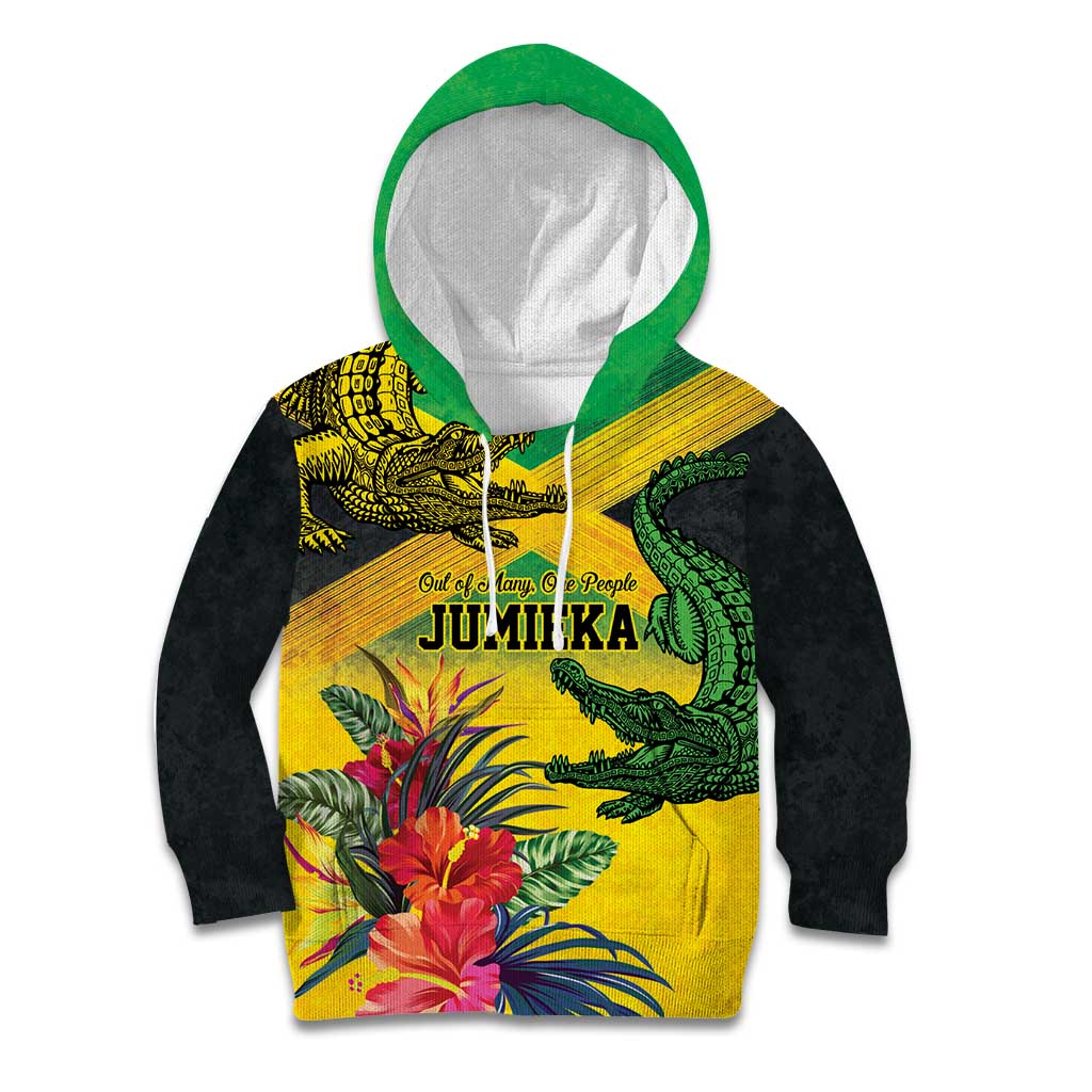 Personalized Jamaica Crocodile Kid Hoodie Tropical Flowers Grunge Flag - Wonder Print Shop