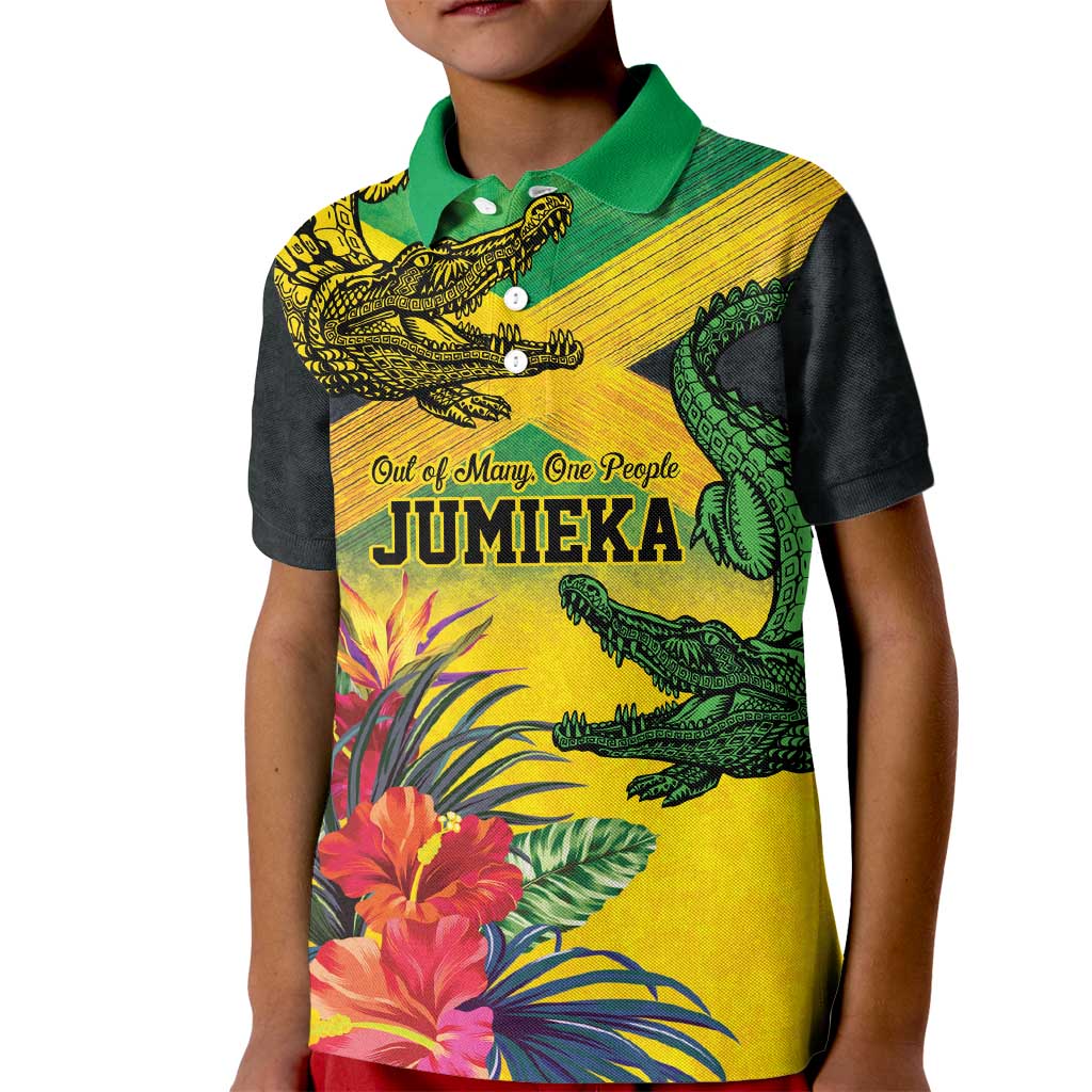 Personalized Jamaica Crocodile Kid Polo Shirt Tropical Flowers Grunge Flag - Wonder Print Shop