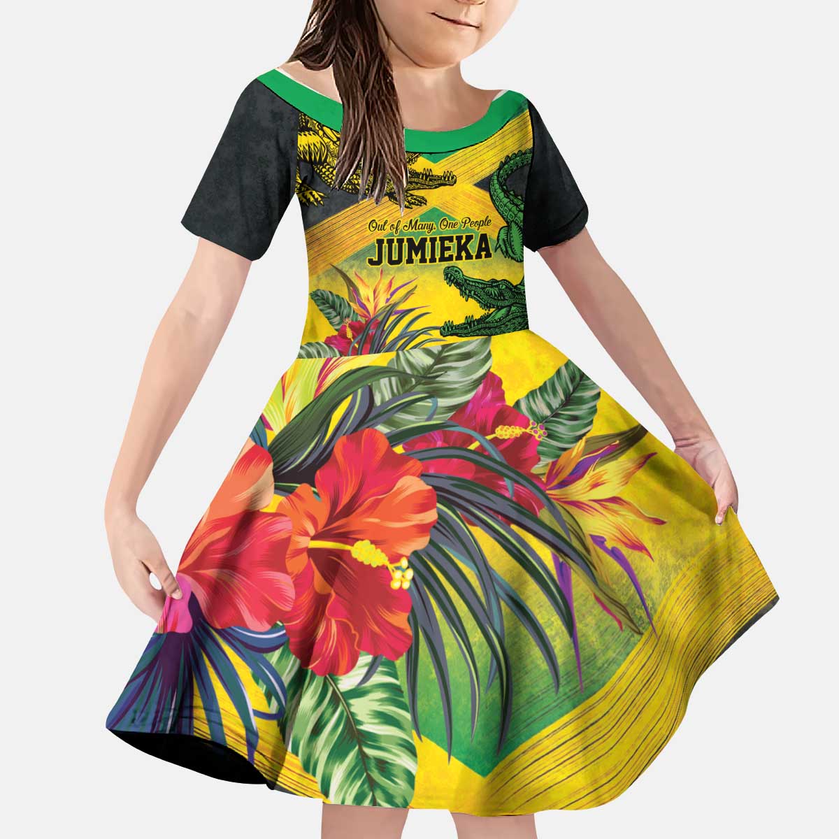 Personalized Jamaica Crocodile Kid Short Sleeve Dress Tropical Flowers Grunge Flag - Wonder Print Shop
