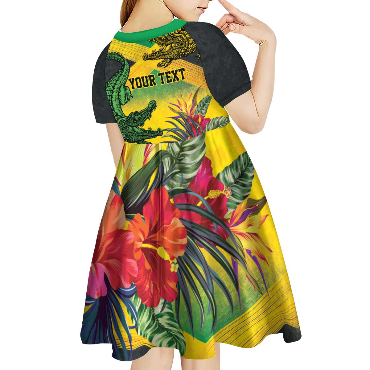 Personalized Jamaica Crocodile Kid Short Sleeve Dress Tropical Flowers Grunge Flag - Wonder Print Shop