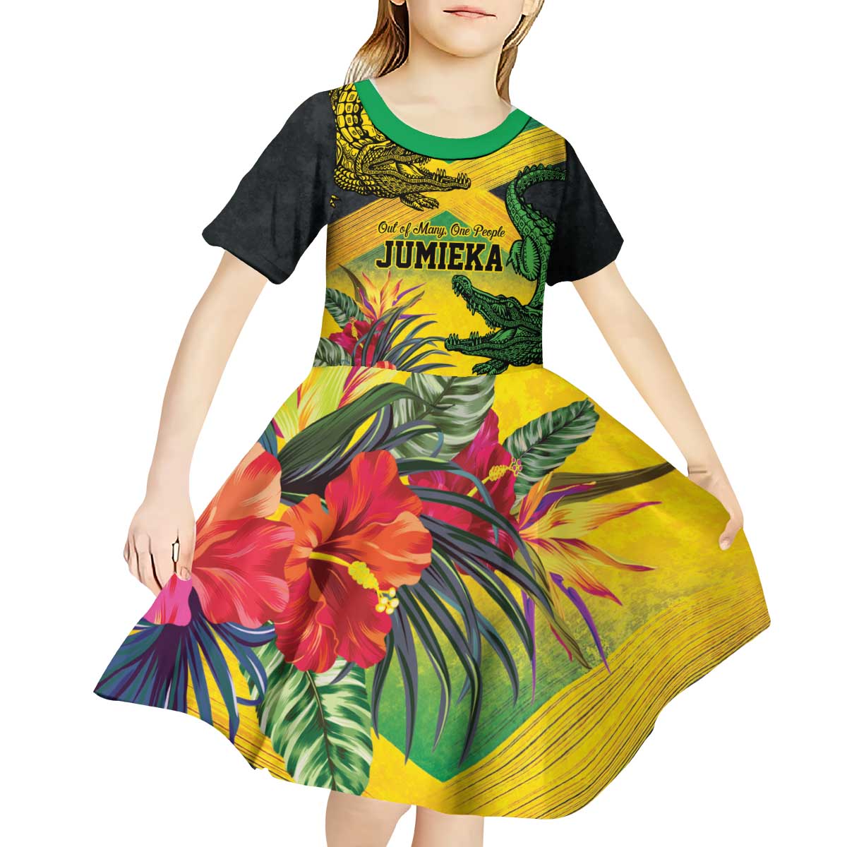 Personalized Jamaica Crocodile Kid Short Sleeve Dress Tropical Flowers Grunge Flag - Wonder Print Shop