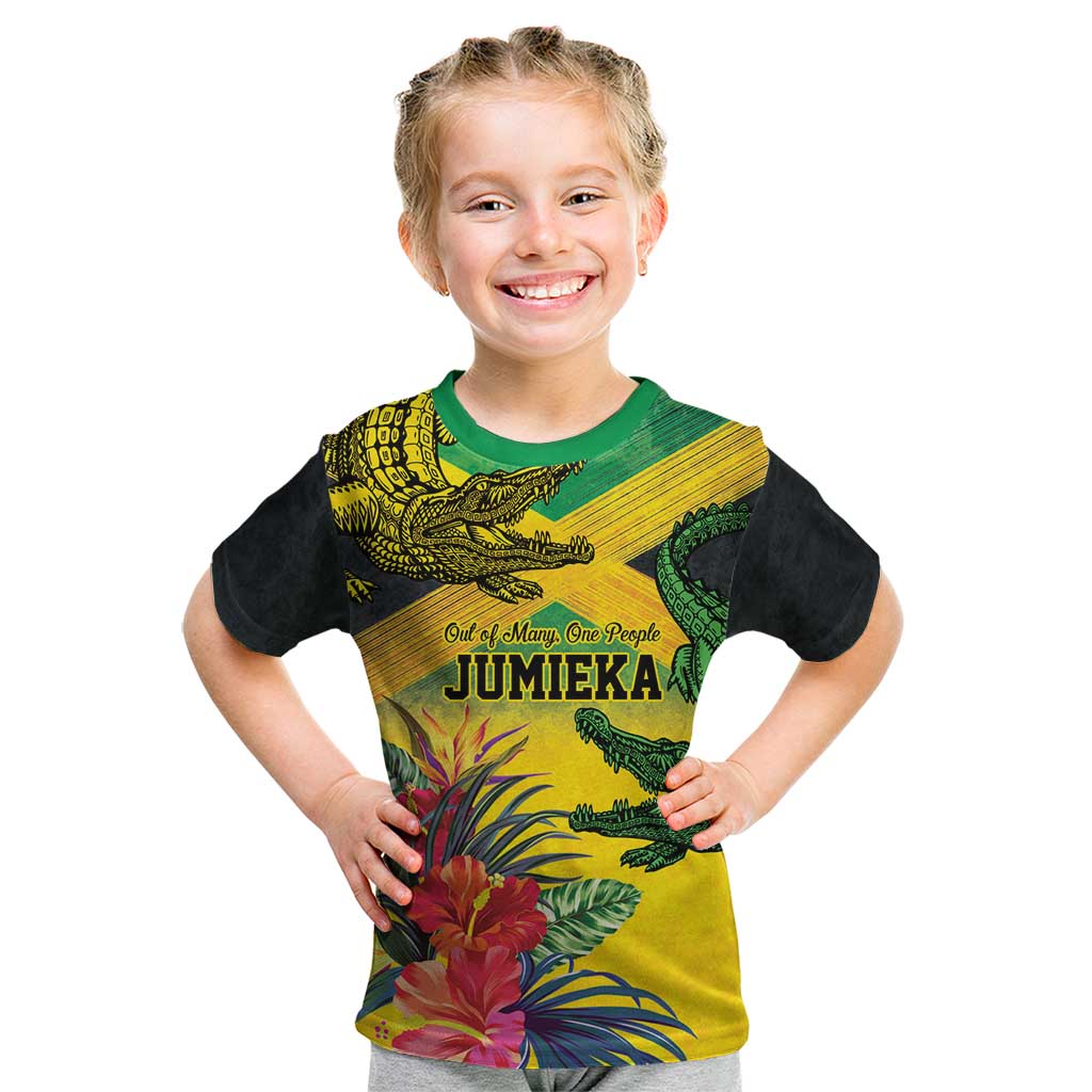 Personalized Jamaica Crocodile Kid T Shirt Tropical Flowers Grunge Flag - Wonder Print Shop