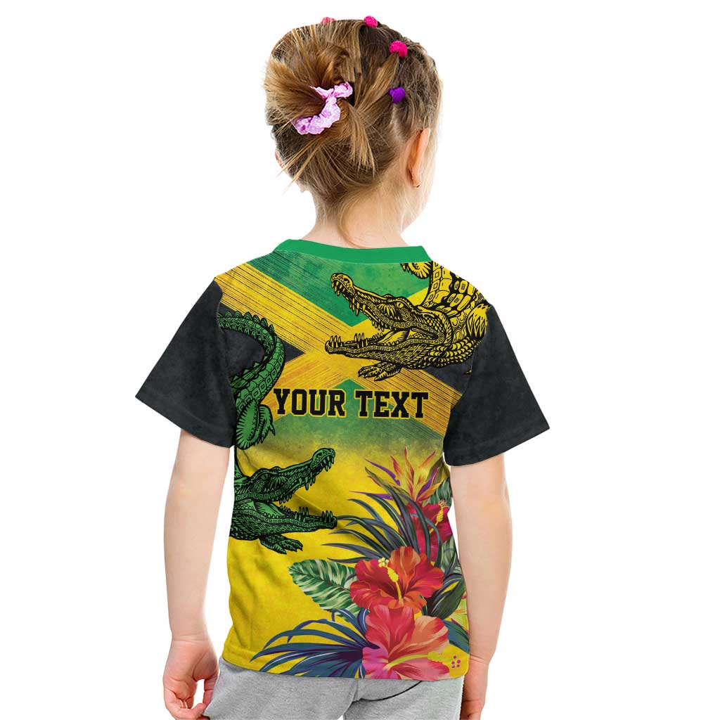 Personalized Jamaica Crocodile Kid T Shirt Tropical Flowers Grunge Flag - Wonder Print Shop
