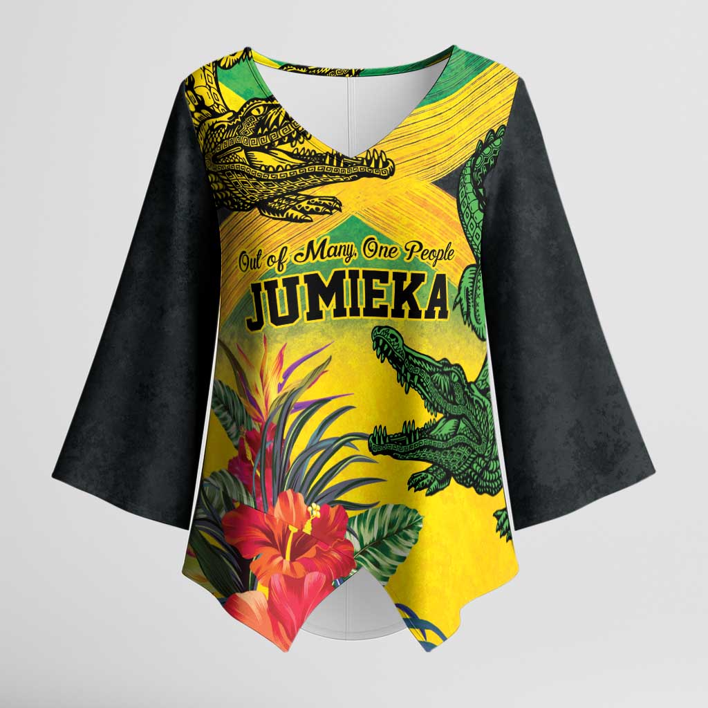 Personalized Jamaica Crocodile Kimono Sleeve Blouse Tropical Flowers Grunge Flag - Wonder Print Shop